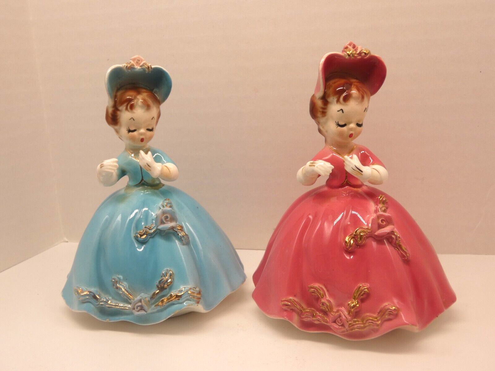 2 Vtg Arnart Cherchez La Femme Blue & Pink Flower Dress Figurines #7616   5\