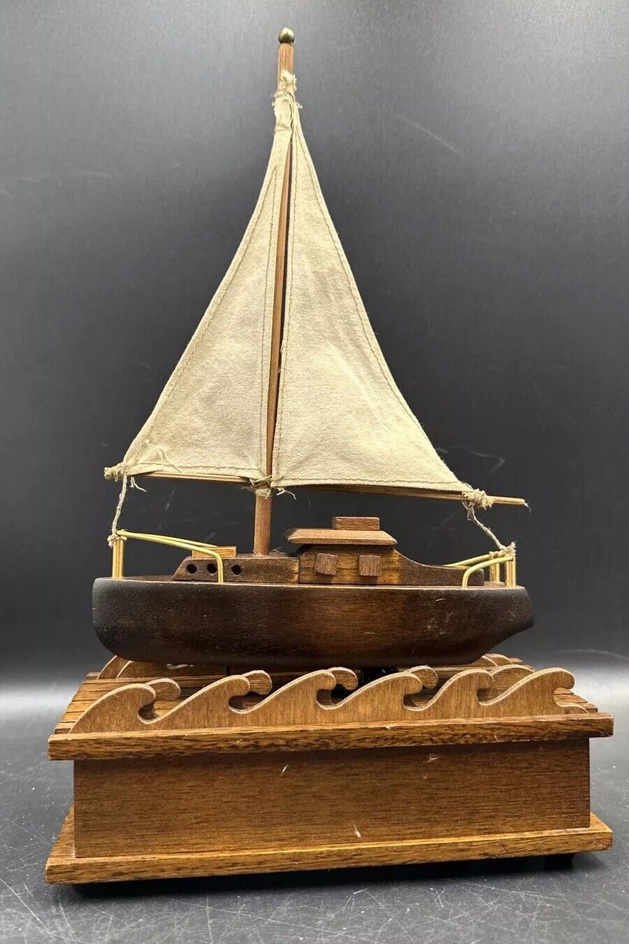 Vintage George Good Wooden Ship Music Box Sailboat Plays  “Ship Of Fools” Melody