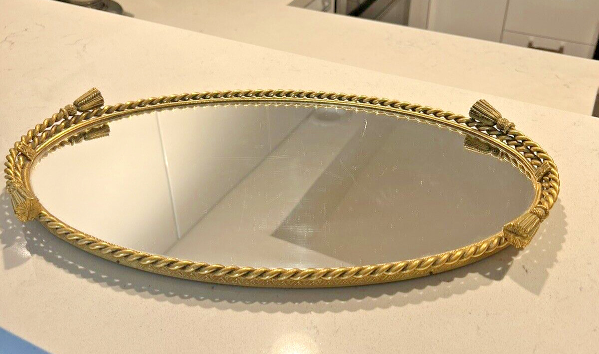 Vtg Oval Mirror Dresser Tray Rope Tassel Gold Tone Stylebuilt Ormolu Vanity  WOW