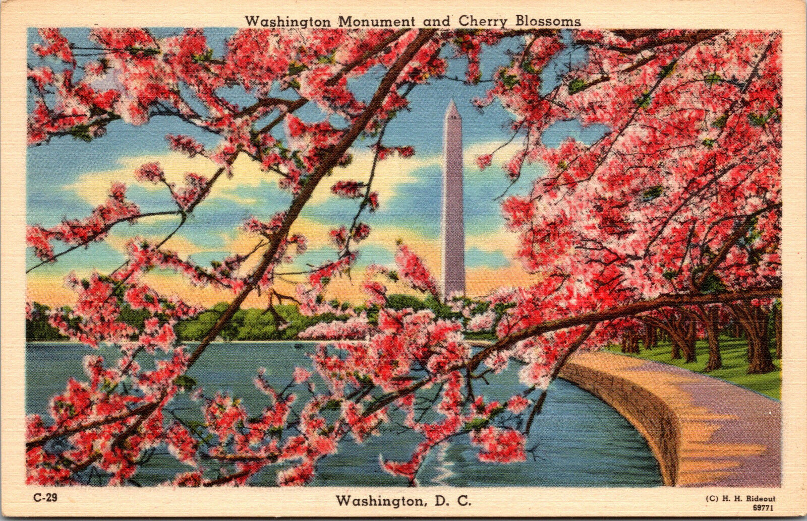 Vtg 1930s Washington Monument and Cherry Blossoms Washington DC Unused Postcard