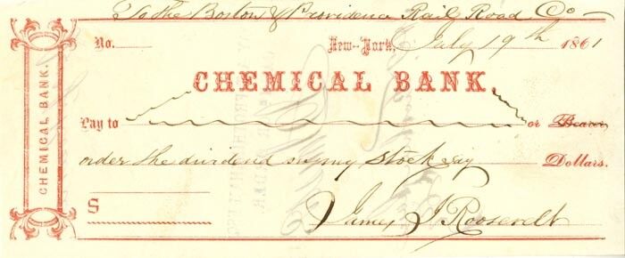 Chemical Bank Check Signed by James J. Roosevelt - Grandfather of Theodore Roose