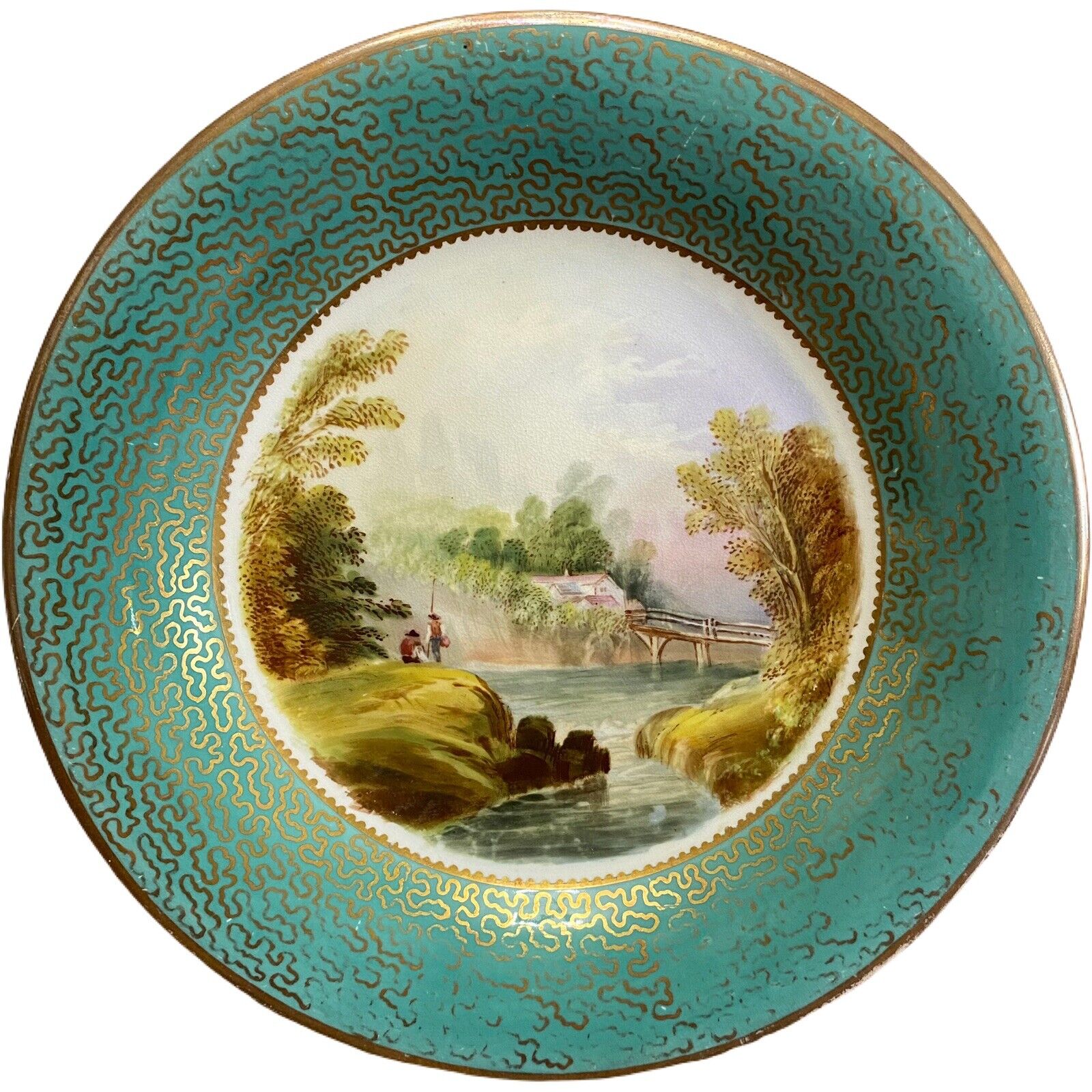 Antique 19thc Hand Painted Gold Gilt English Landscape Plate Vale of Llangollen