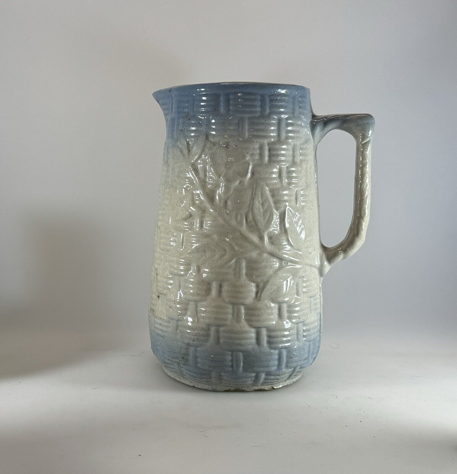 Antique 1800’s Salt Glaze Blue & White Stoneware Basket Weave & Flowers Pitcher