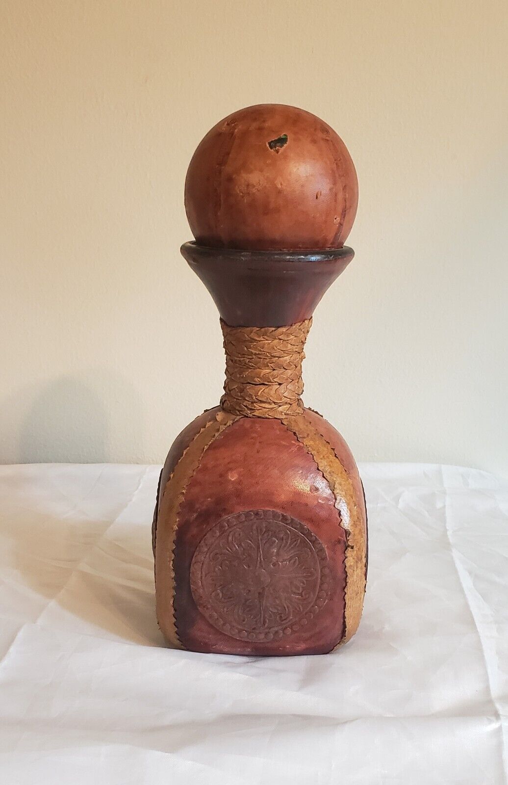 Vintage Leather Covered Glass Decanter Bottle Italy 