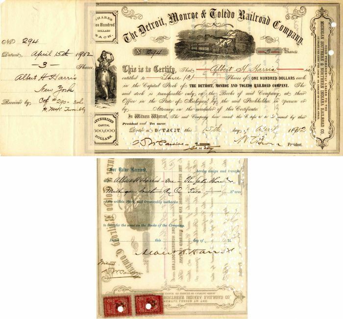 Detroit, Monroe and Toledo Railroad Co. Issued to and Signed by Albert H. Harris