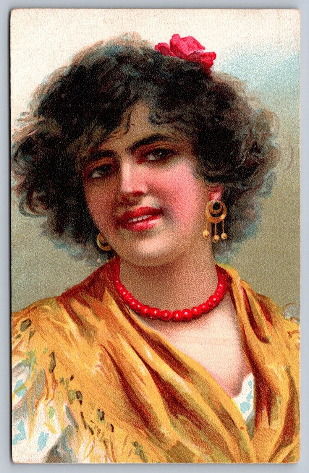 C1905 postcard beautiful young gypsy girl big earrings necklace color litho