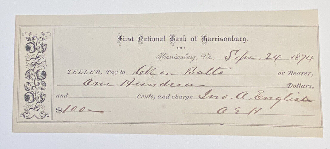 Vintage 1874 First National bank of Harrisonburg Virginia Bank Check, paper