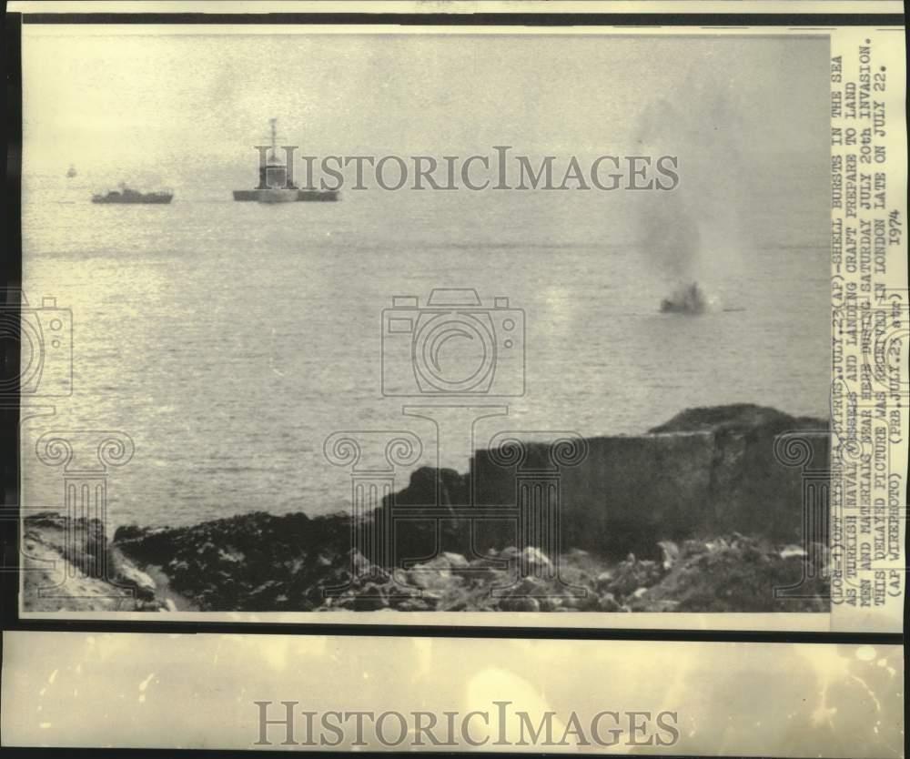 1974 Press Photo Shell Bursts in Sea, Turkish Naval Vessels off Kyrenia, Cyprus