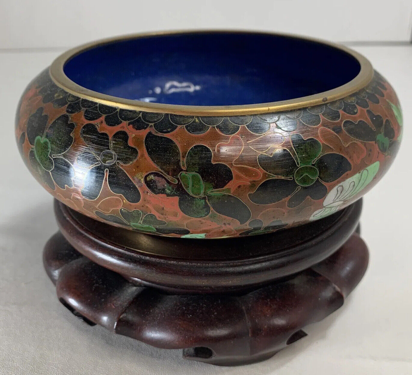 Stunning Antique Chinese Cloisonné Bowl with Carved Wooden Stand 1950\'s