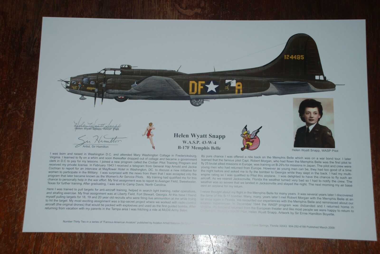 B-17F, WASP Pilot, Helen Snapp, autographed Memphis Belle, Artist: Ernie Boyette