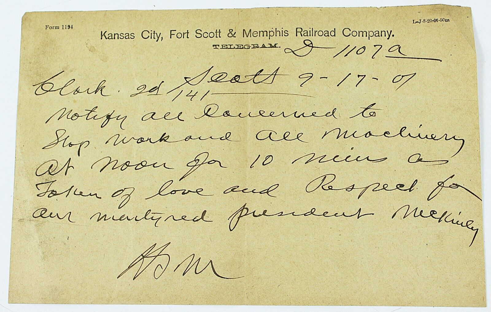 9-17-1901 Telegram KC, Fort Scott & Memphis Railroad Company McKinley Death RARE