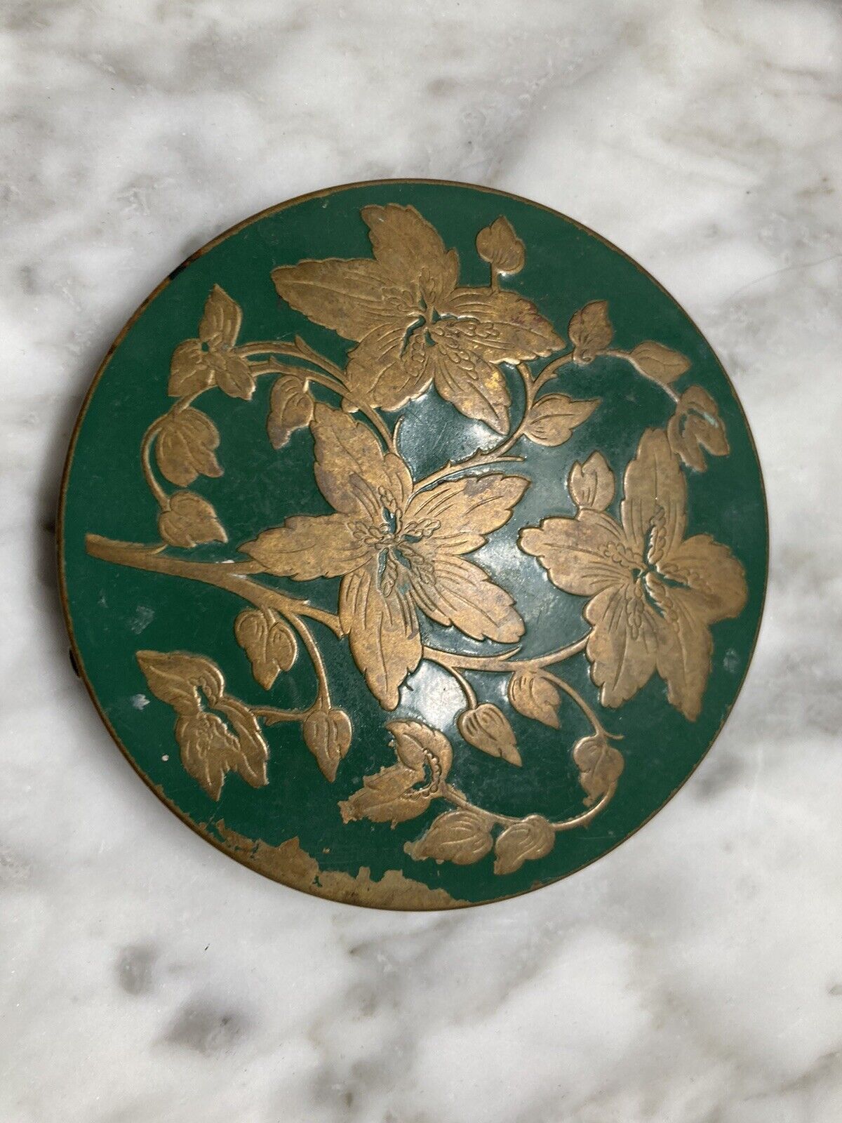 Vintage Green Enamel & Brass Vanity Powder Compact By Rex Fifth Avenue