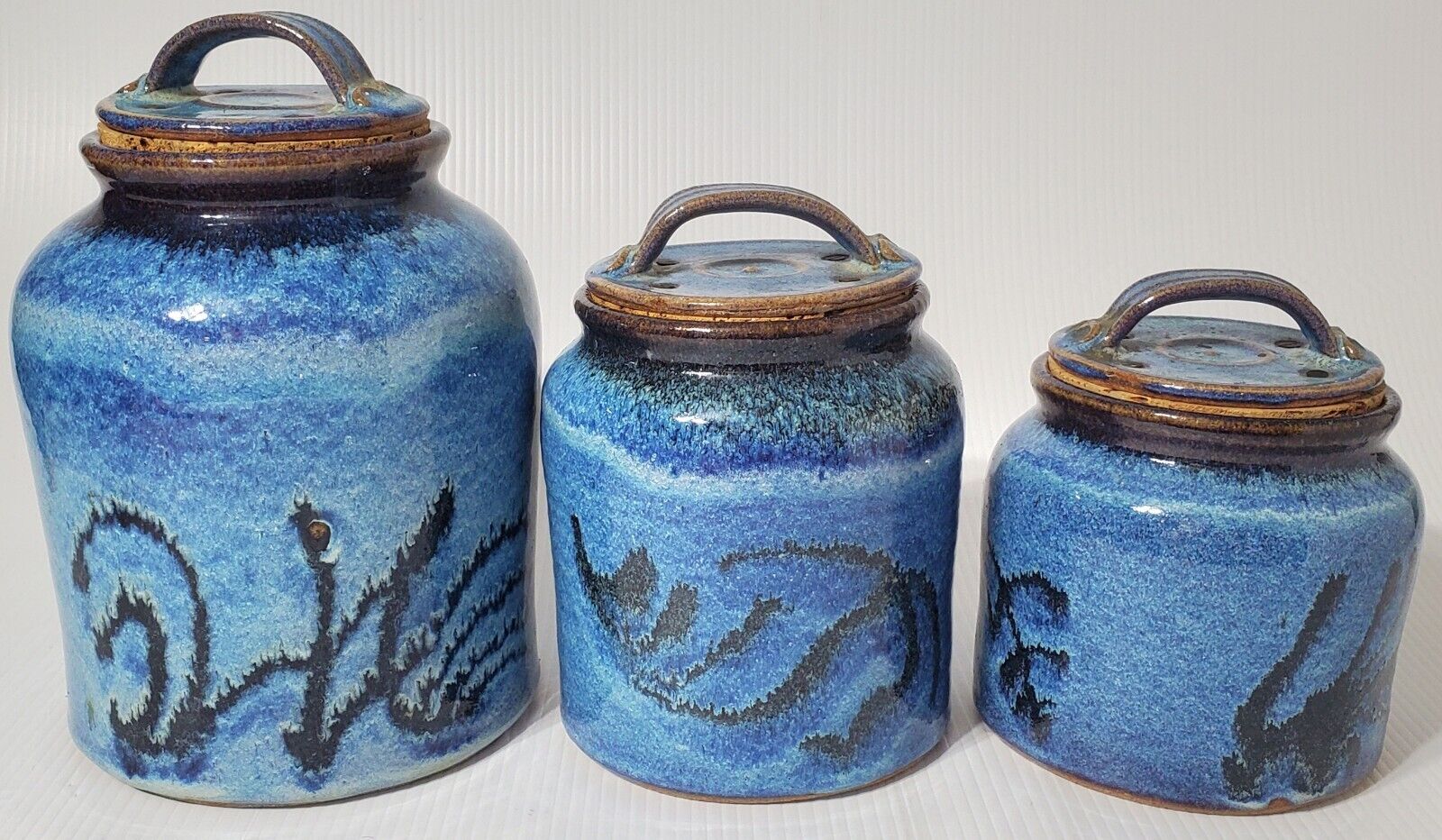 New Mexico Ken Merrick Spectrum Pottery Canister Set Blue drip/flambe glaze