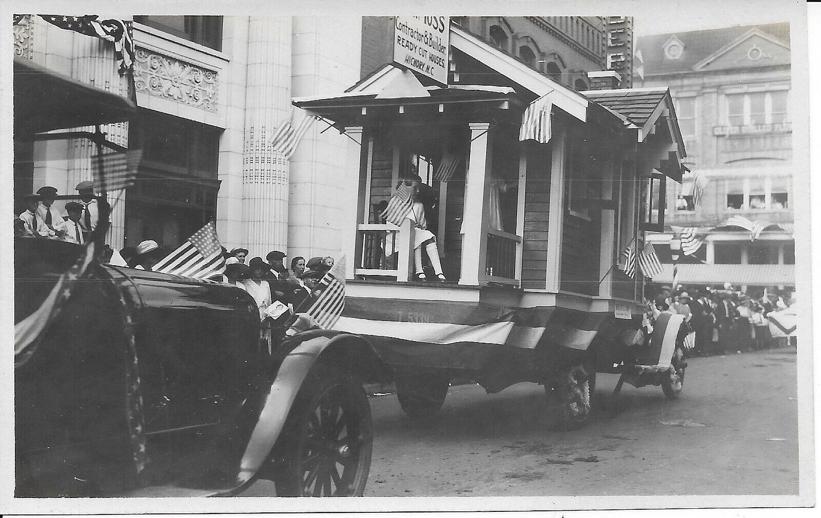 Antique B/W 1920s Photo North Carolina Parade Float Car American Flags Abstract