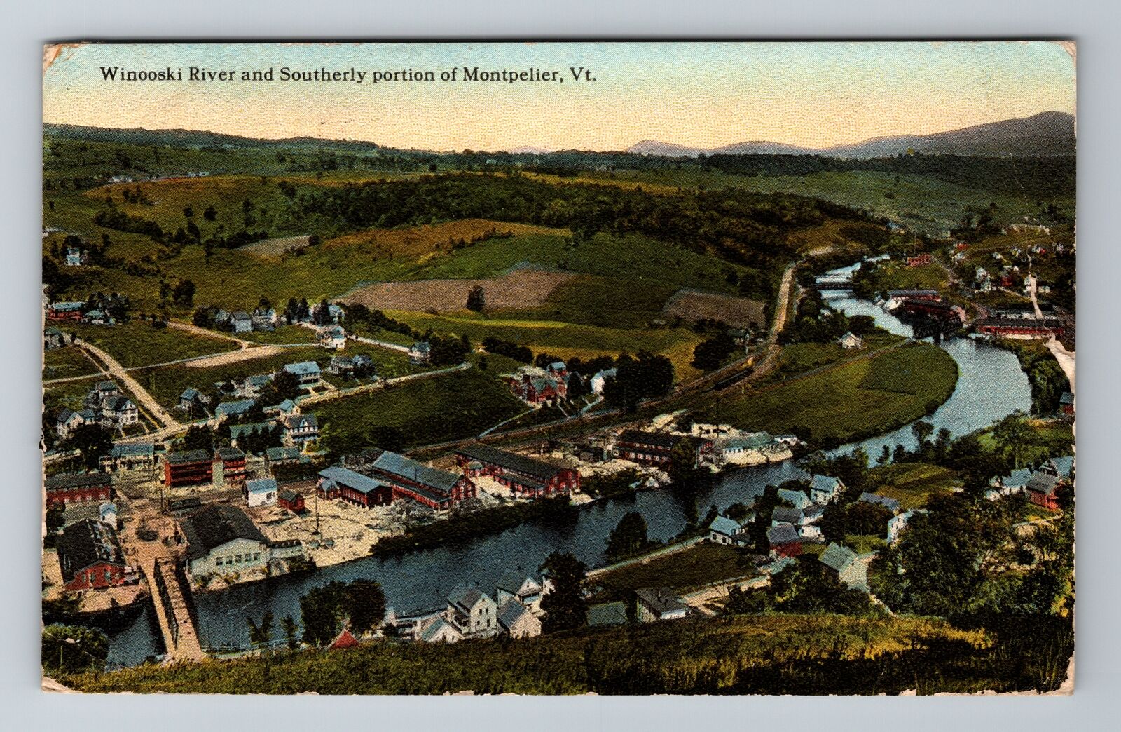 Montpelier VT-Vermont, Winooski River, Aerial, Antique, Vintage c1921 Postcard