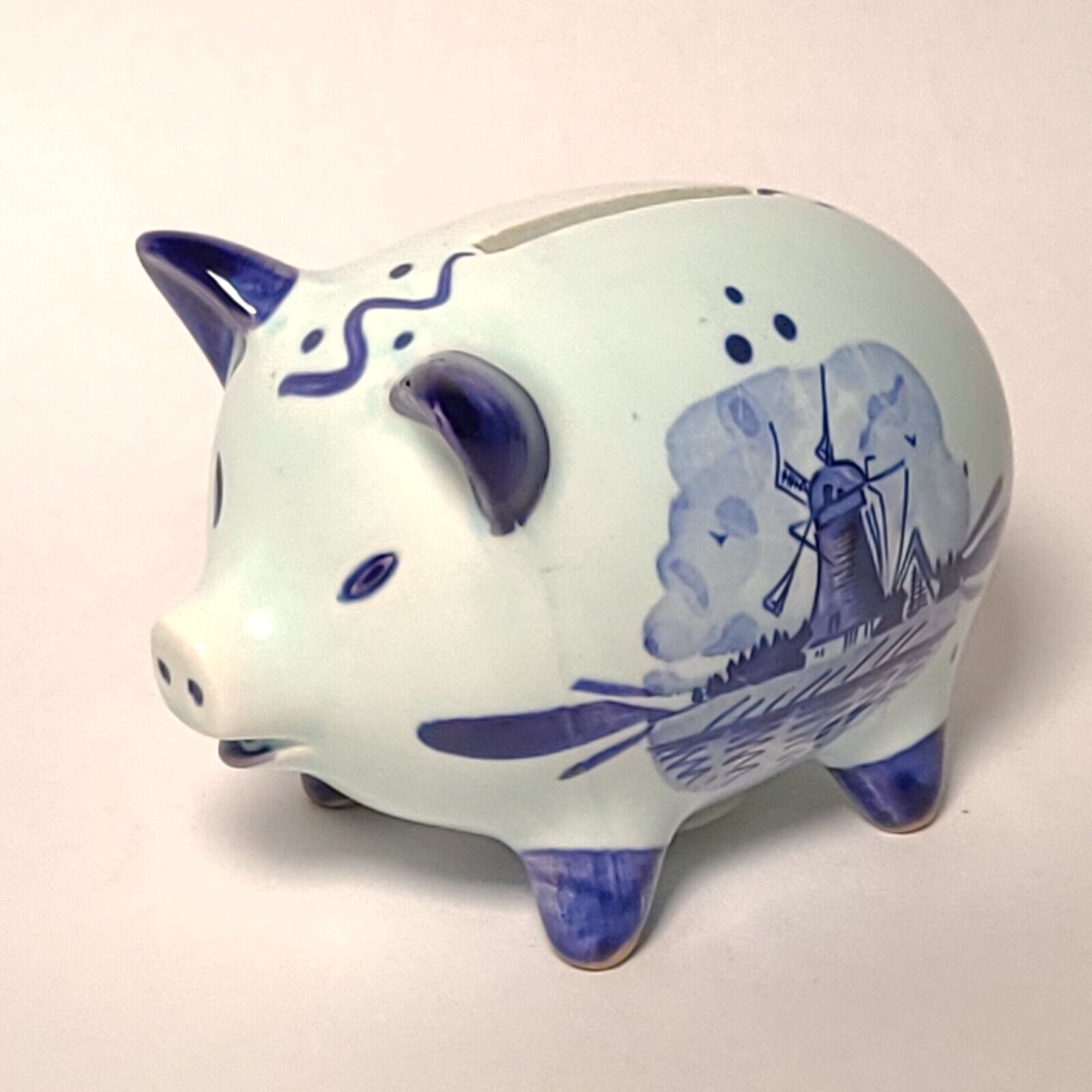 Vintage DBL Brand Glazed Ceramic Blue & White Piggy Bank, With Windmill Design