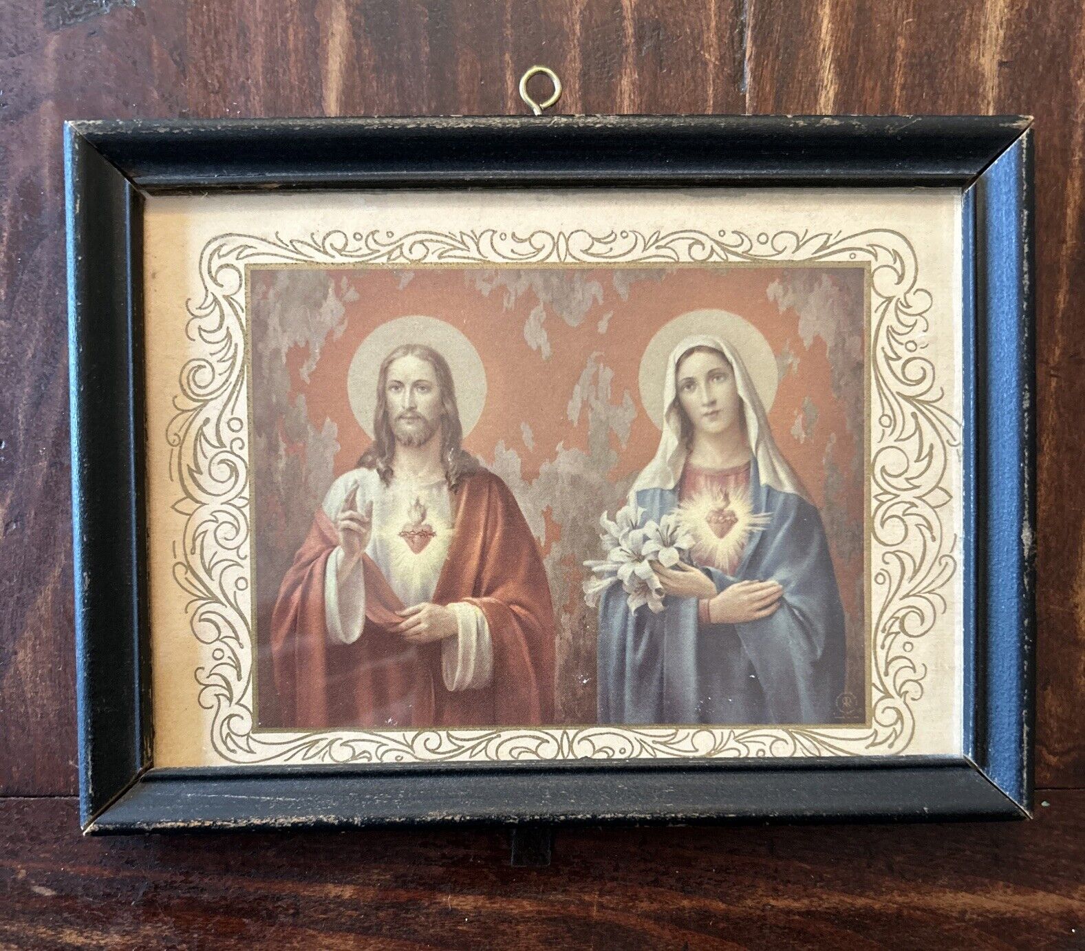 Antique 5.75”x7.75” Wood Framed Sacred Heart Of Jesus & Mary Print