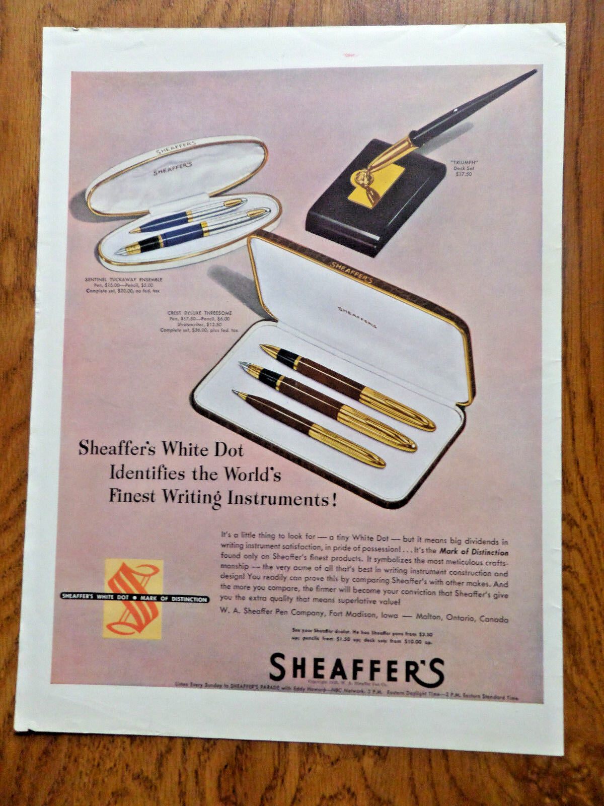 1948 Sheaffer\'s Fountain Pen Sets Ad Tuckaway Crest Threesome Triumph Desk Set