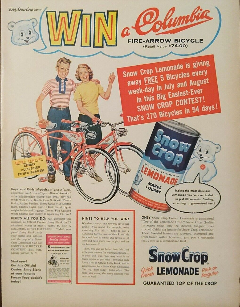 1957 vintage Snow crop Lemonade, Bicycle Print Ad 