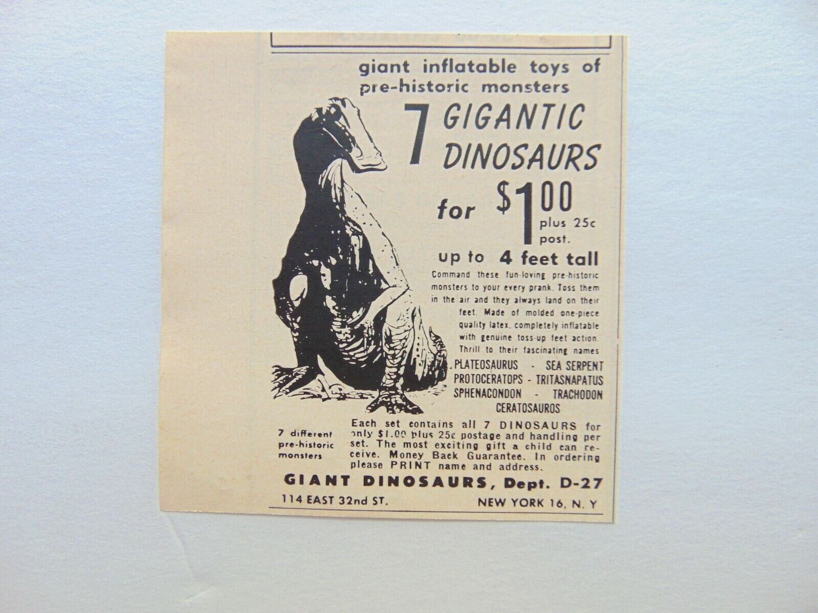 1950\'s 7-GIGANTIC DINOSAURS 4-Feet Tall only $1.00 vintage print ad