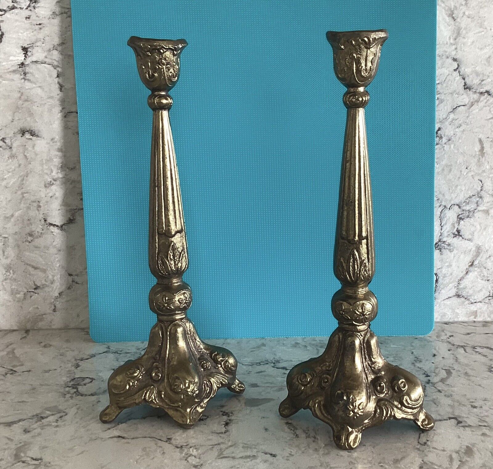 VTG Set of 2 French Rococo  Footed Brass/Bronze Gilt 9.75in Candlestick Holders