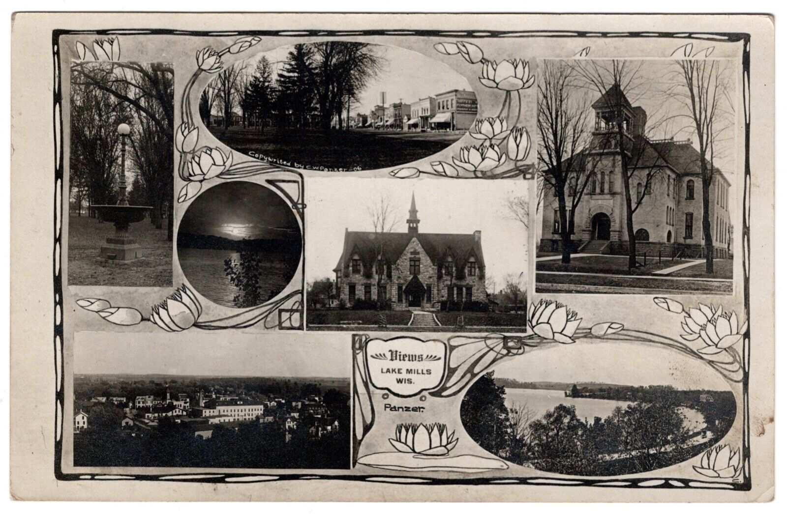 Postcard RPPC Multi View Street Church Panzer Lake Mills Wisconsin Posted 1908