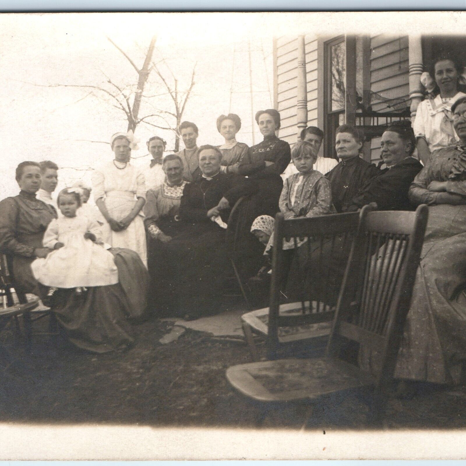 c1910s Outdoor Women House Gathering RPPC Kid Cute Girls Photo Victorian PC A171