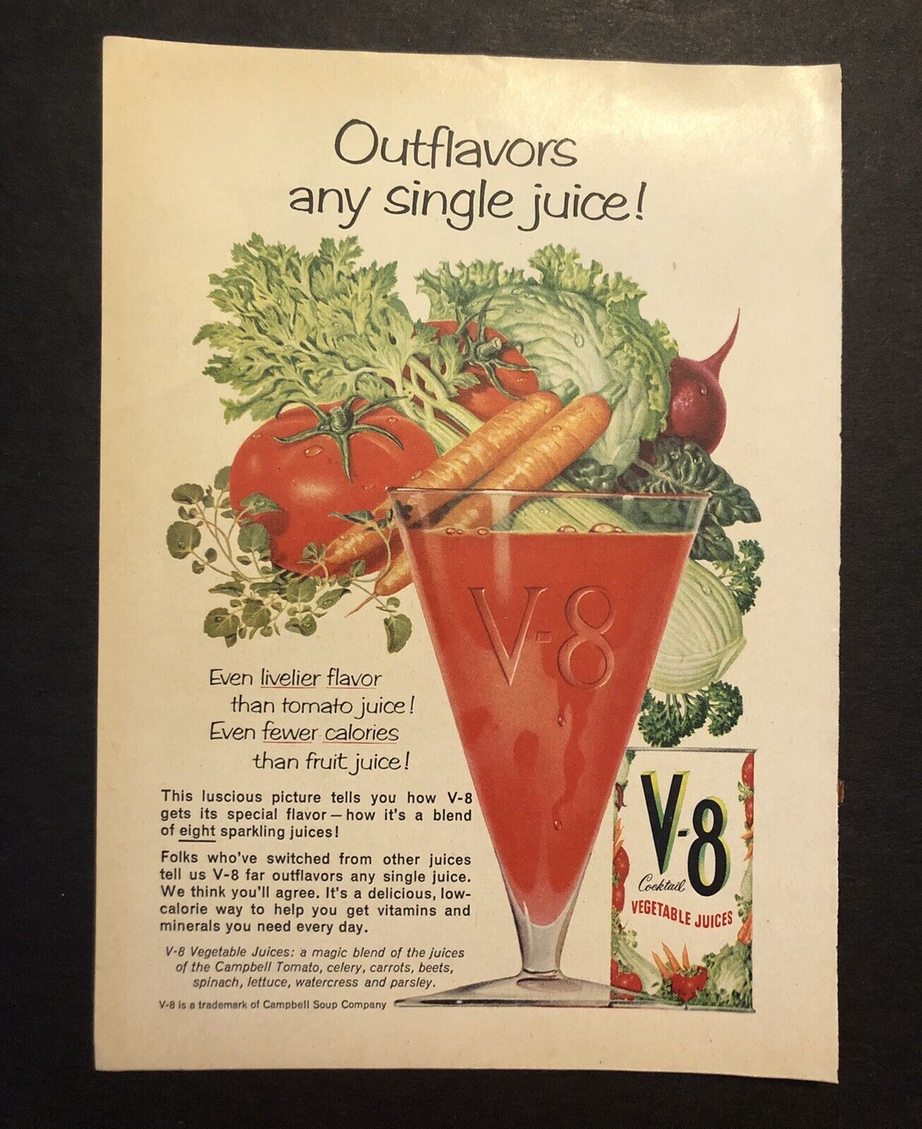 1950’s V-8 Vegetable Juice Colorful Magazine Print Ad