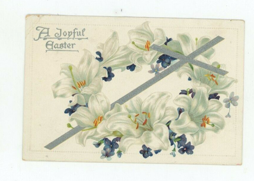 Vintage Easter Postcard  TUCK\'S   LILIES ILVER CROSS   EMBOSSED  POSTED