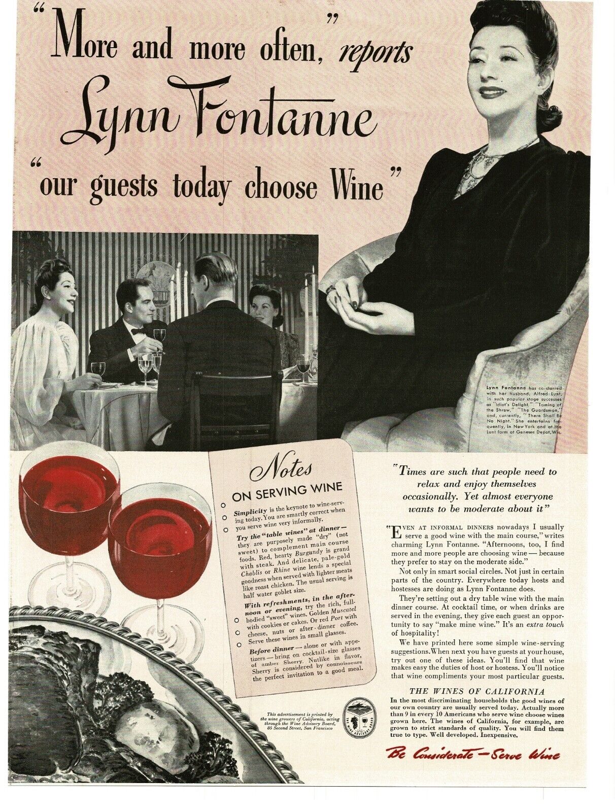 1941 Wine Advisory Board Wines of California Lynn Fontanne Vintage Print Ad