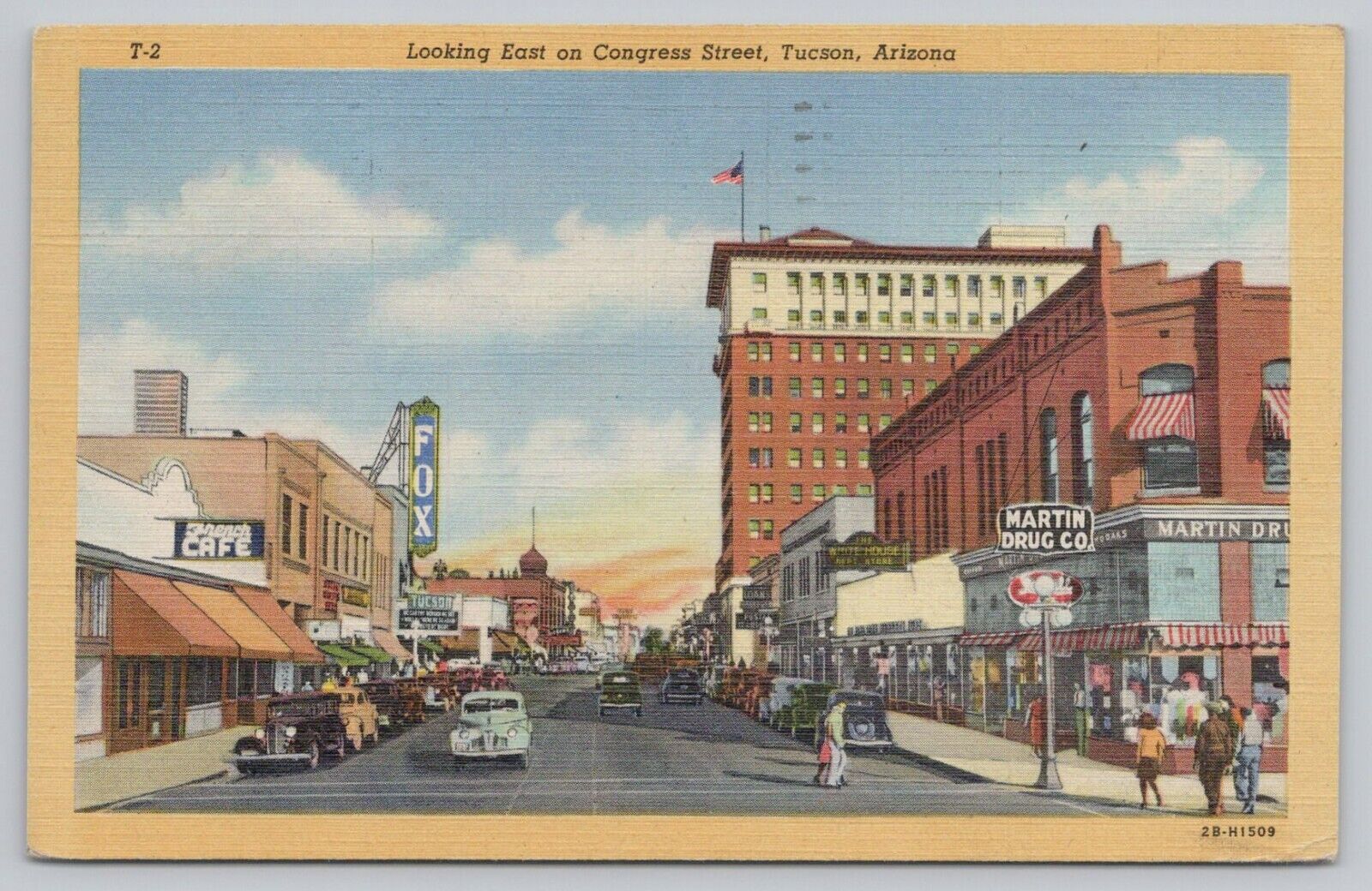 Postcard Looking East on Congress Street Tucson AZ, Posted 1948, cars, signs