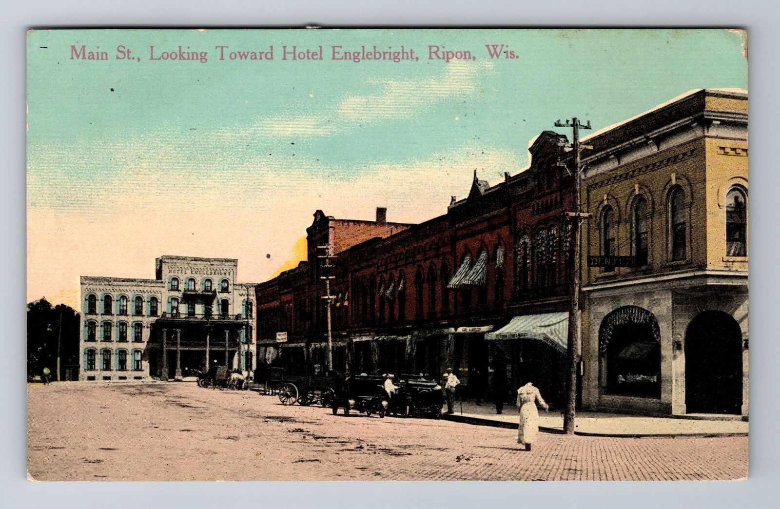 Ripon WI-Wisconsin, Main St, Hotel Englebright, Antique Vintage c1915 Postcard