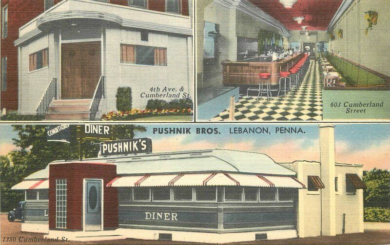 1940s Lebanon Pennsylvania Pushnik Bros Diner Roadside Restaurant Linen Postcard