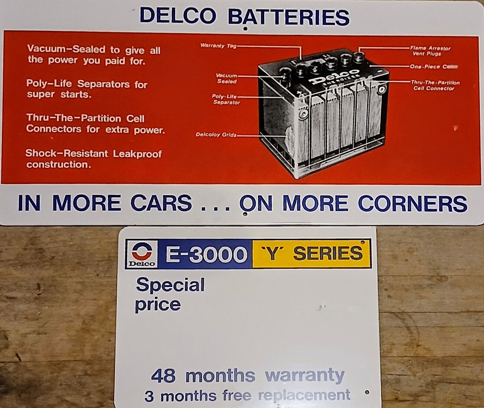 Vintage Metal Delco Batteries Store Display Signs; New Never Used