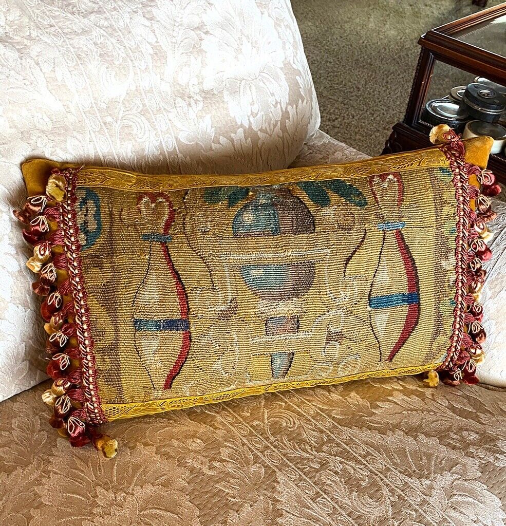 Opulent Antique Aubusson Tapestry Fragment Made as Fine Decorator Throw Pillow