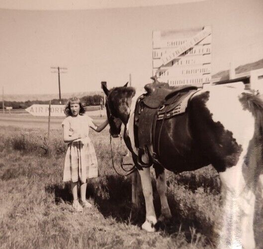 SD South Dakota 1950s Photo Girl & Horse Airport Sign B&W Pierre Development Vtg