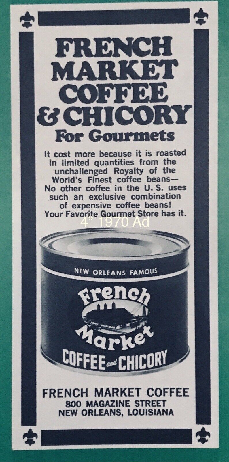 1970 VINTAGE AD French Market Coffee “for Gourmets”  4” x 2” Promo Art