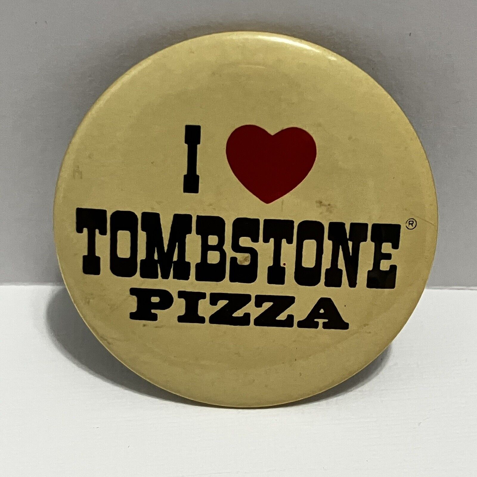 Tombstone Pizza Button Pin Love Red Heart Foodie Badge Vintage Beige Bold Type