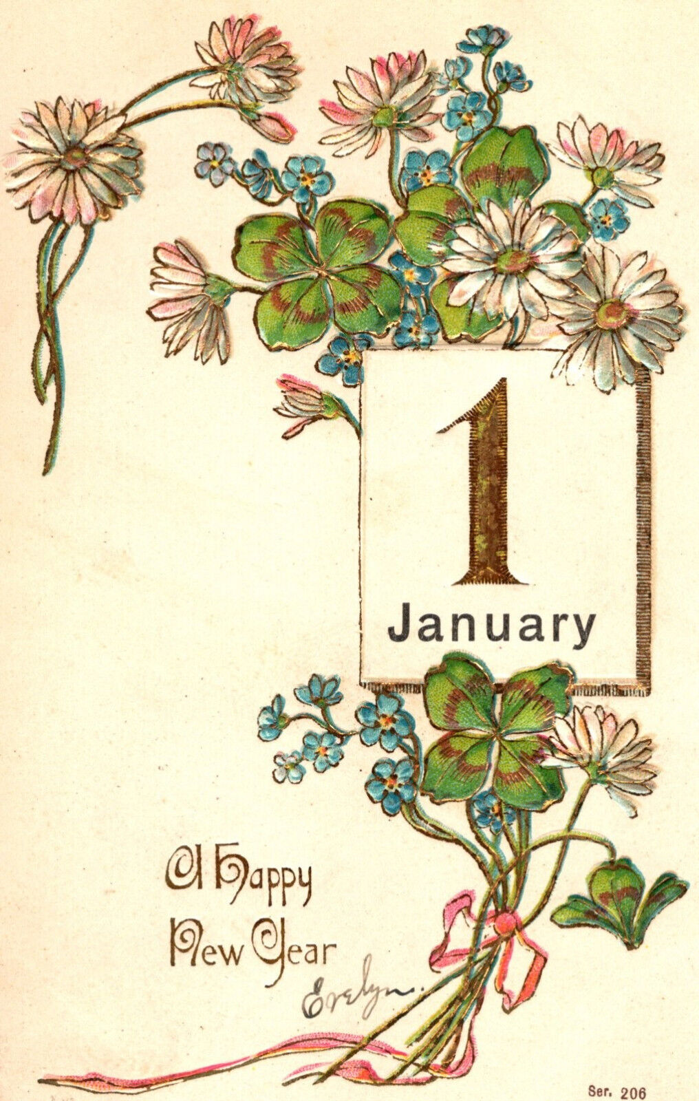 Vintage Happy New Year Postcard Large 1 Flowers and Clover