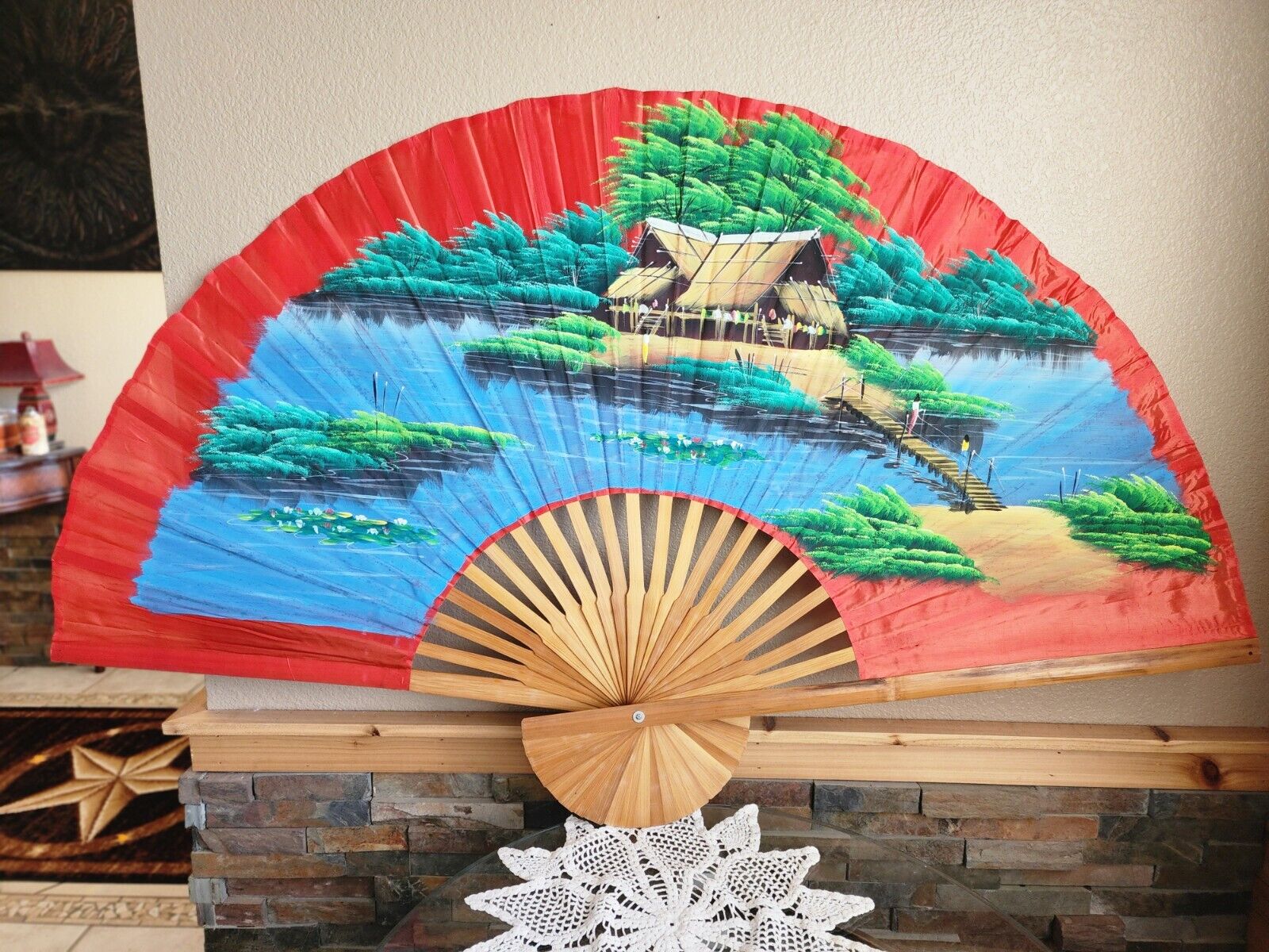 HUGE Vintage Asian Japanese Wall Art Fan Trees Water Hand Painted 58\