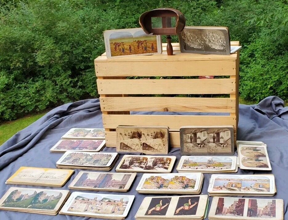 Rare Antique Wooden Stereoscope Viewer With 82 Cards 1800's Early 1900's
