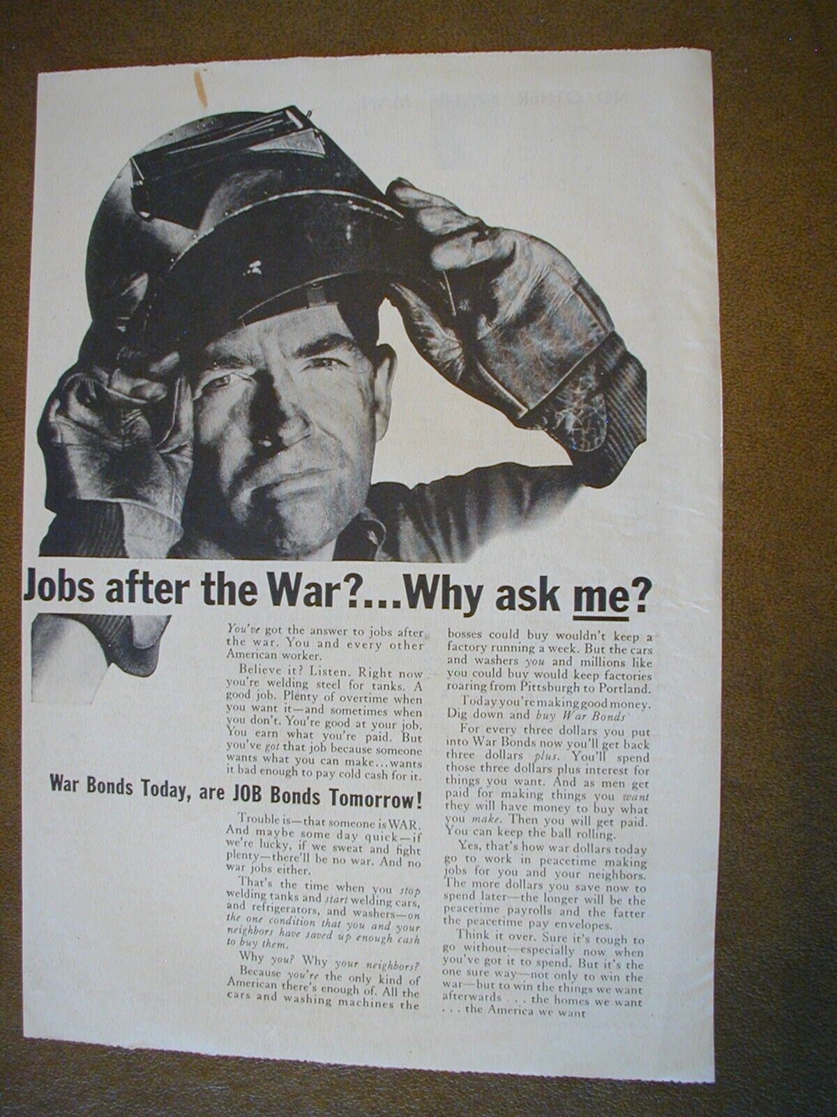 1944 Jobs After the War? Why Ask Me? War Bonds Today. Vintage PRINT AD 66