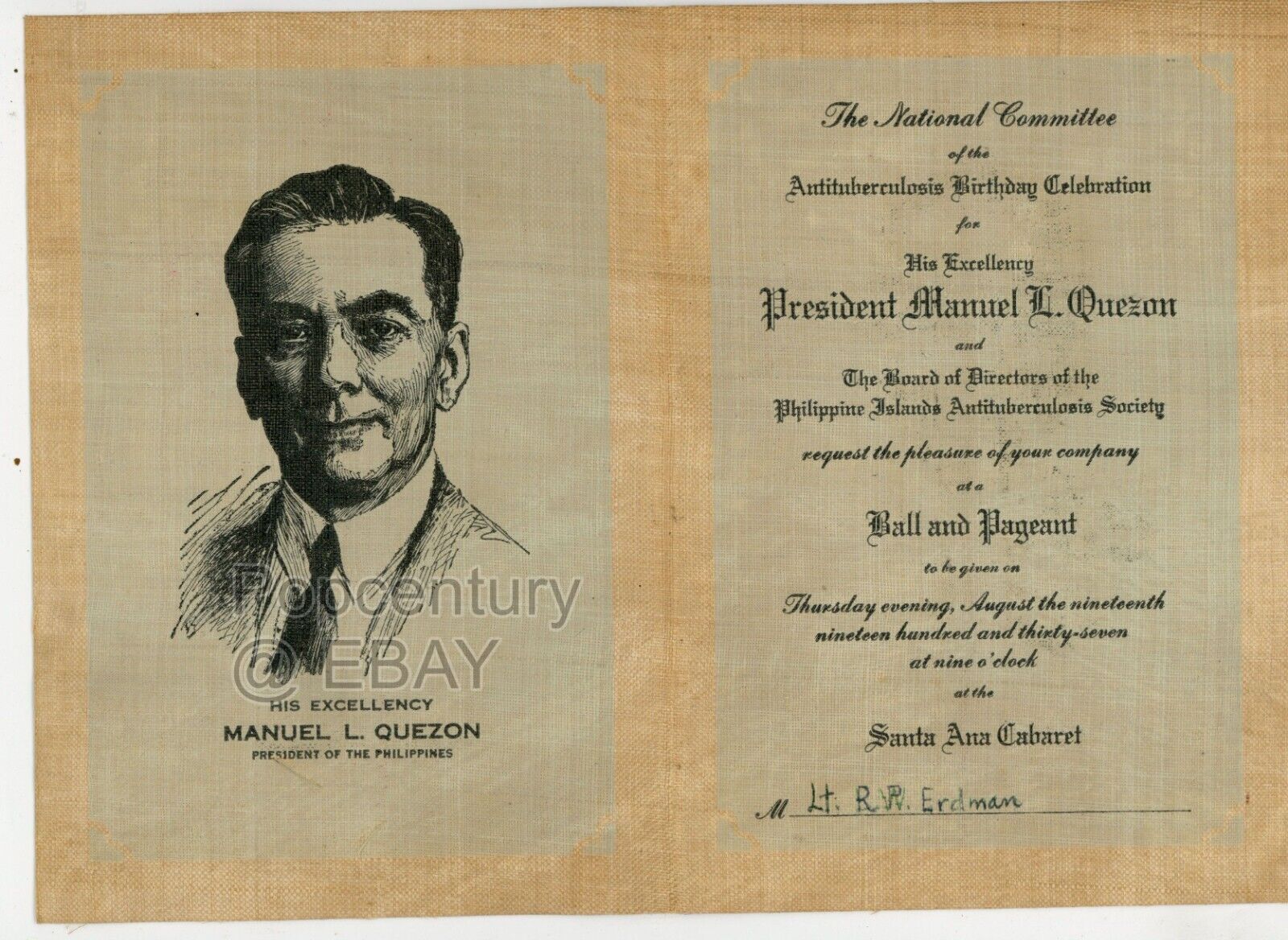 Vintage Philippines 1937 Manila US Officer Invitation President Manual Quezon