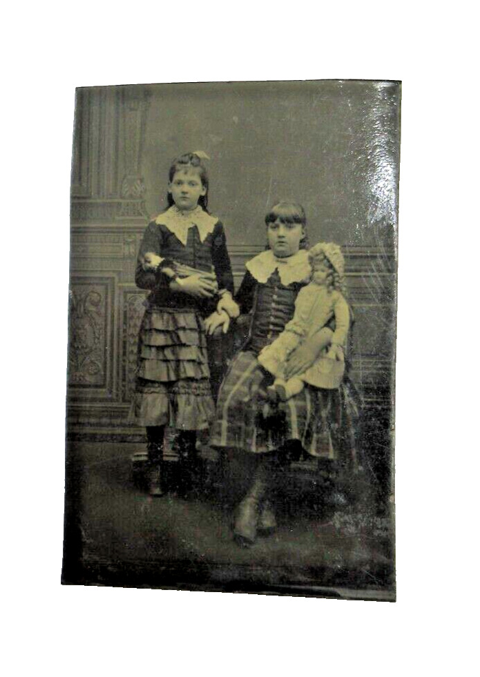 Antique Victorian Tintype Photograph Two Sisters Holding Their Bisque Dolls
