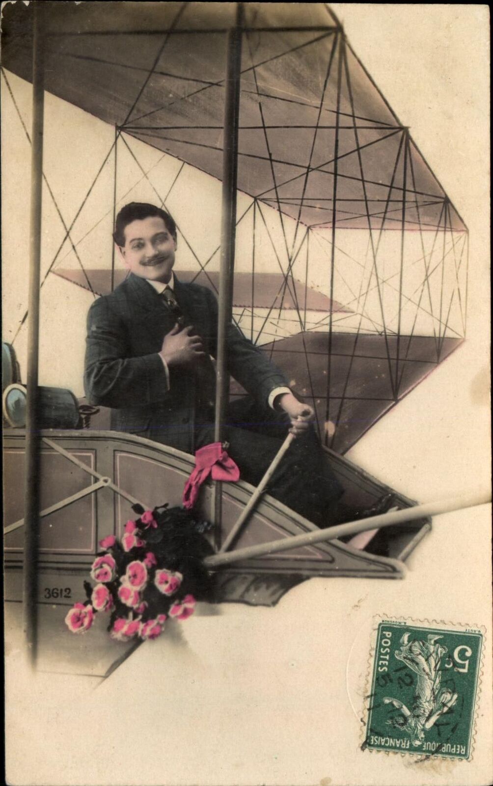 French fantasy romance postcard c1910 ~ early aviation biplane~tinted RPPC photo