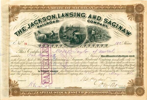 Jackson Lansing and Saginaw RR Stock issued to Moses Taylor and signed by Cornel