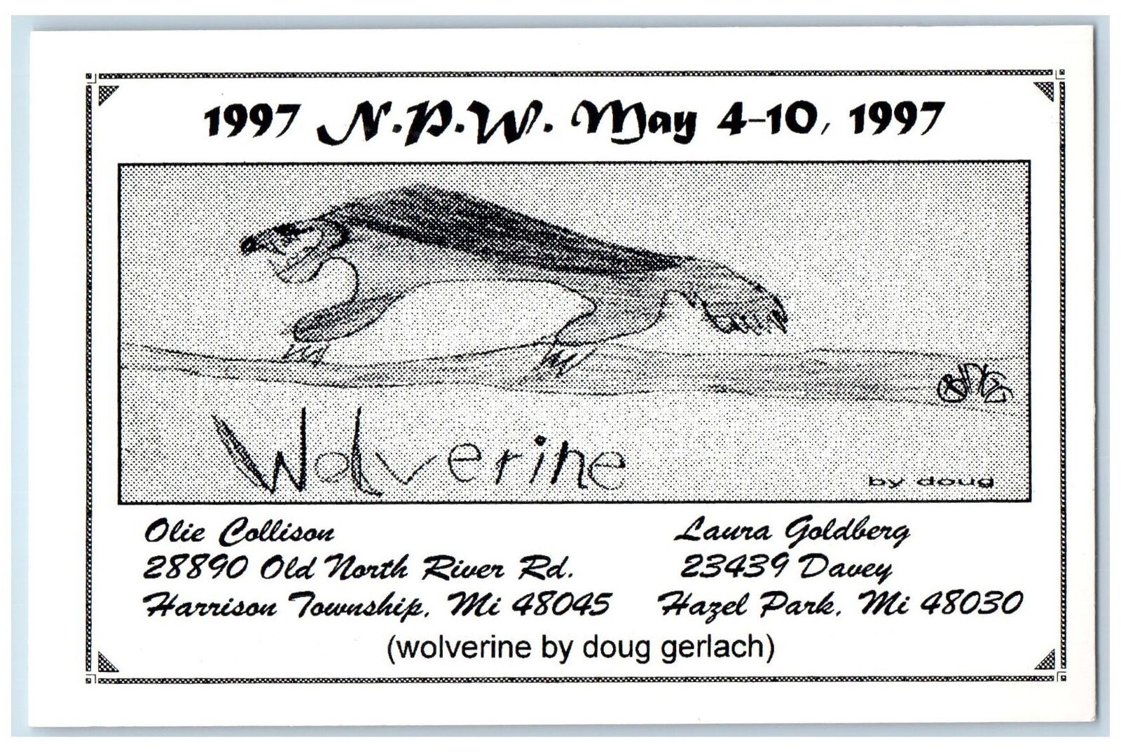 Postcard Wolverine Sketch By Dough Gerlach 1997 N.P.W. May 9-10 1997 Vintage