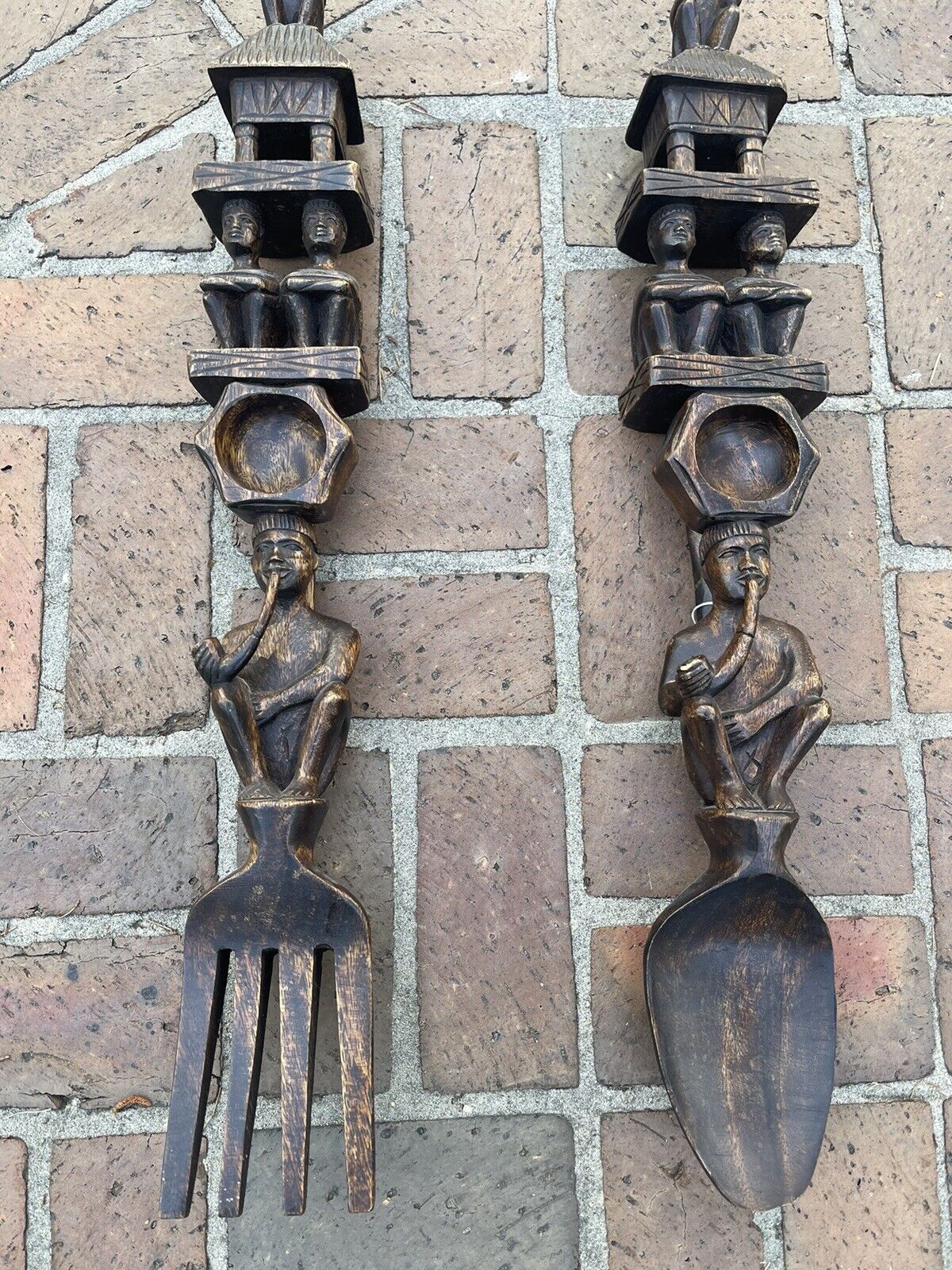 Large Hand Carved African Inspired Utensil Decorations.  Tribal Design