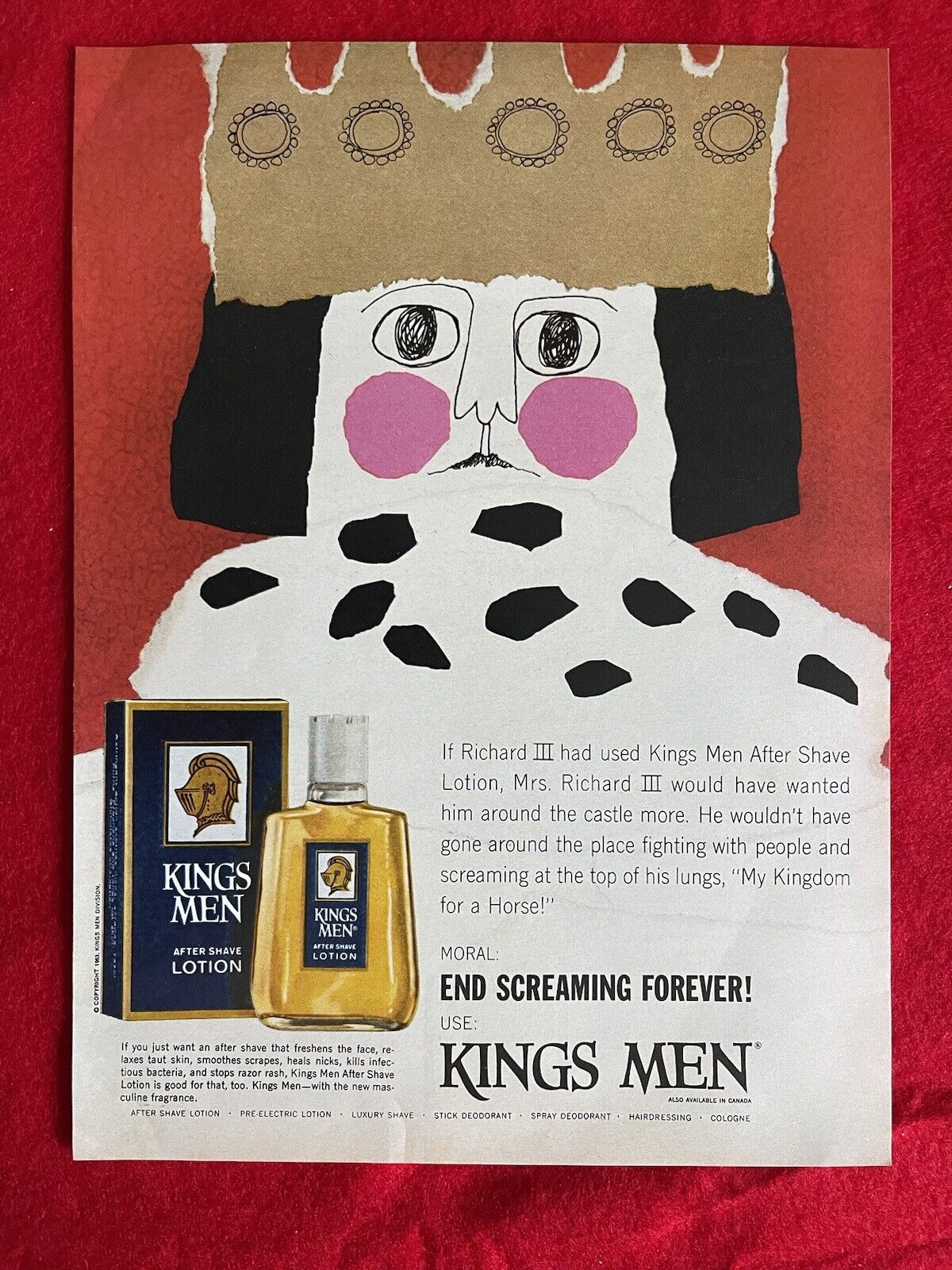 Vintage 1963 Kings Men Print Ad Men’s After Shave Lotion Ad