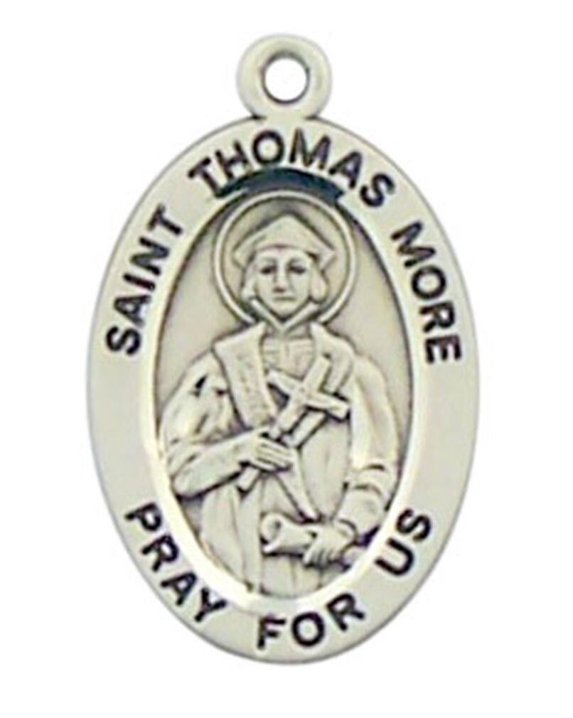 Saint Thomas Moore 7/8 Inch Oval Sterling Silver Medal on Rhodium Plated Chain
